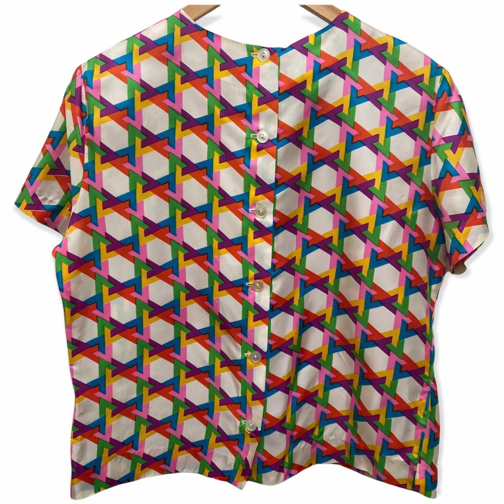 Vintage Alice Stewart Mod Geo Print Top Int'l Ladies Garment Union Tag - Picture 3 of 12